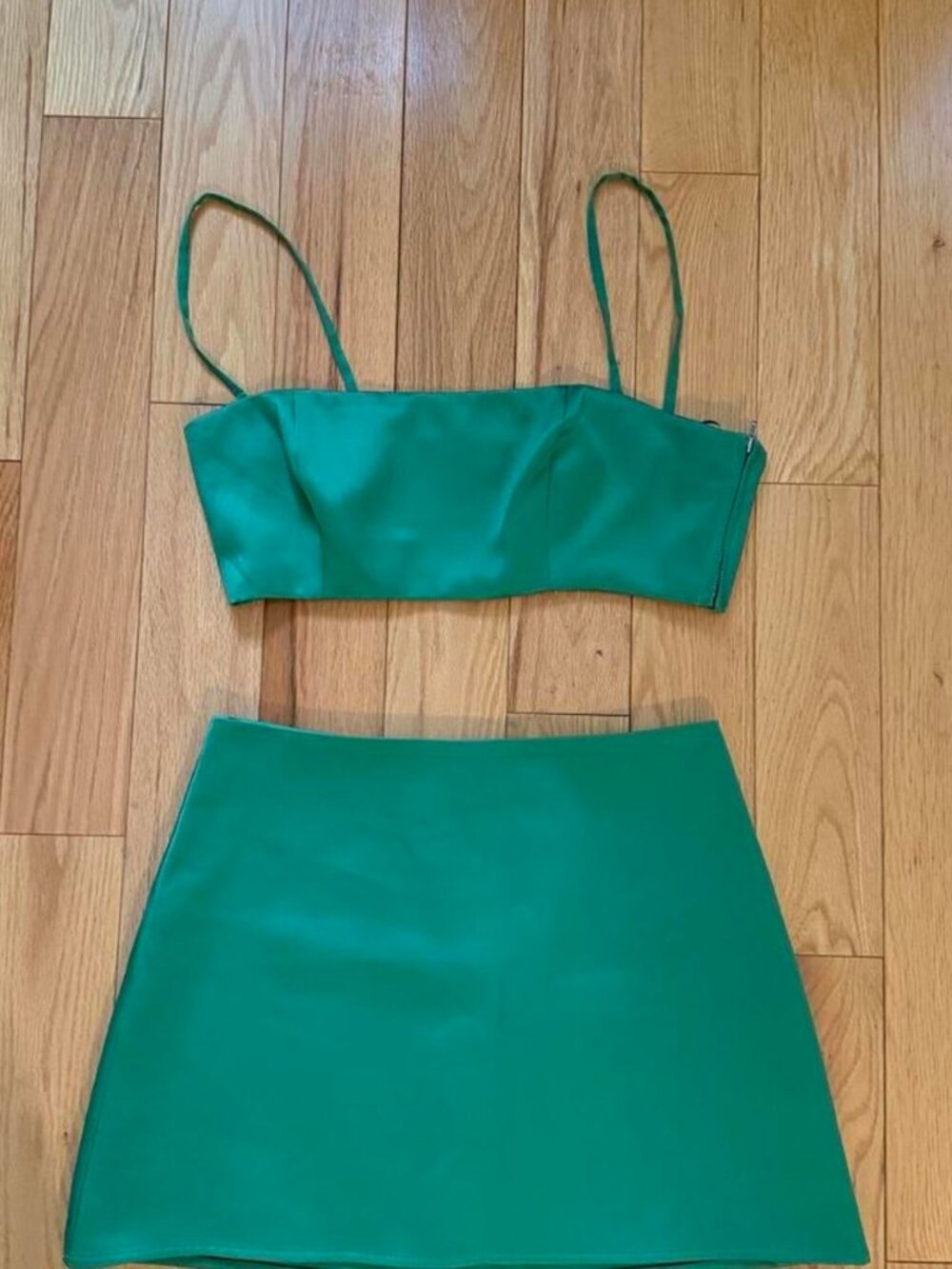 REFORMATION Jennie Mini Skirt Set Crop Bra Spencer Top 0 Jade Green Satin 2 Pc